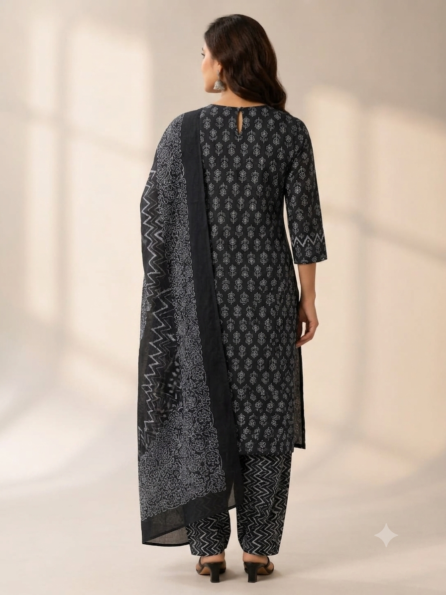 Jet Black Block-Printed Straight Kurta