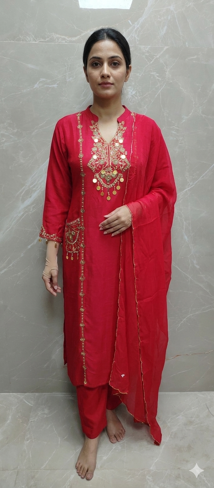 Elegant Red Silk Kurta Palazzo Set