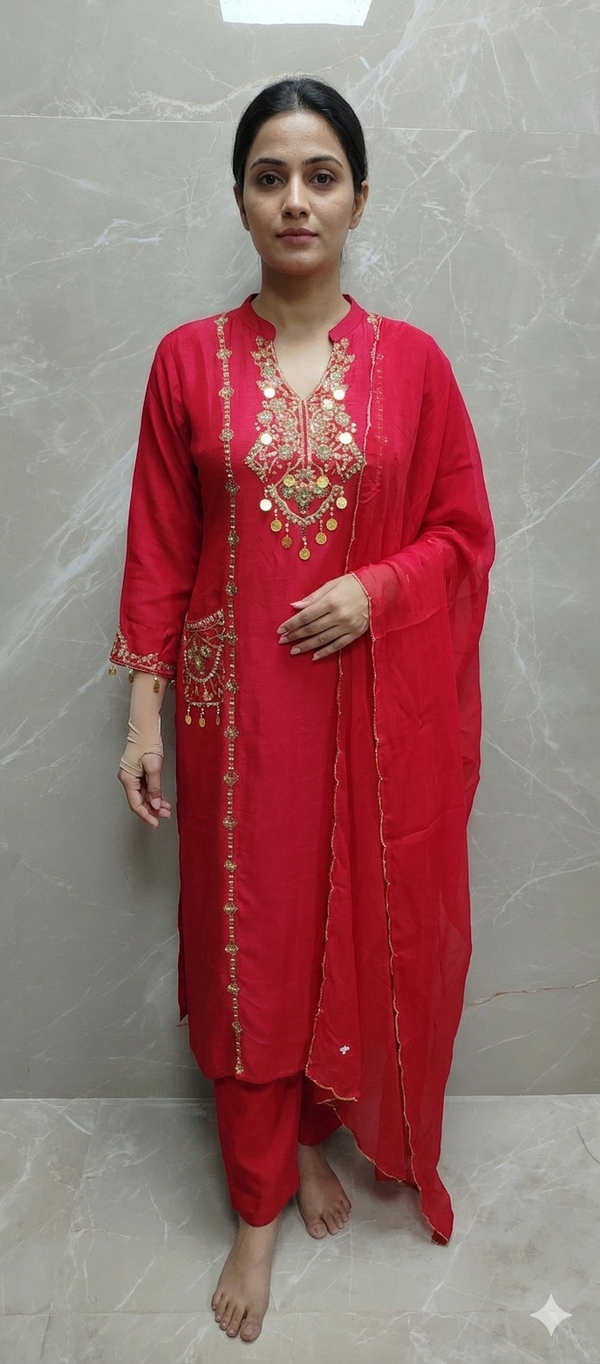 Elegant Red Silk Kurta Palazzo Set