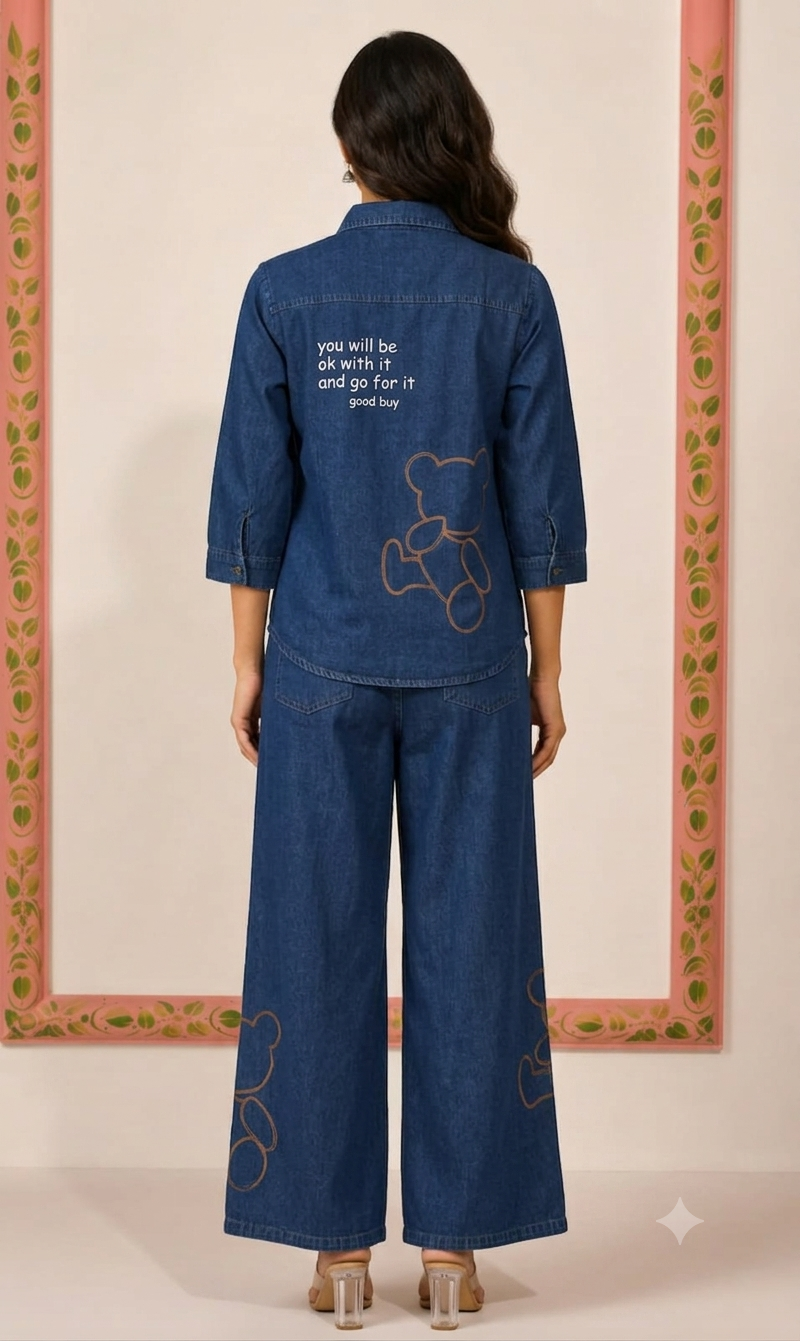 Indigo Blue Denim-Look Tunic and Wide-Leg Palazzo Co-ord Set.