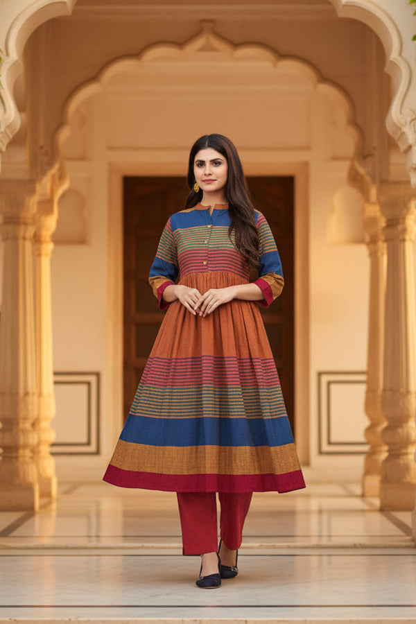 Boho-Chic Handloom Stripe Anarkali Kurti