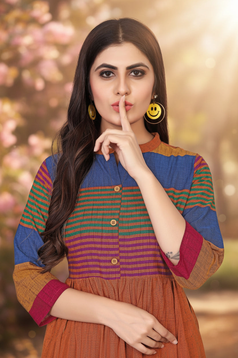 Boho-Chic Handloom Stripe Anarkali Kurti