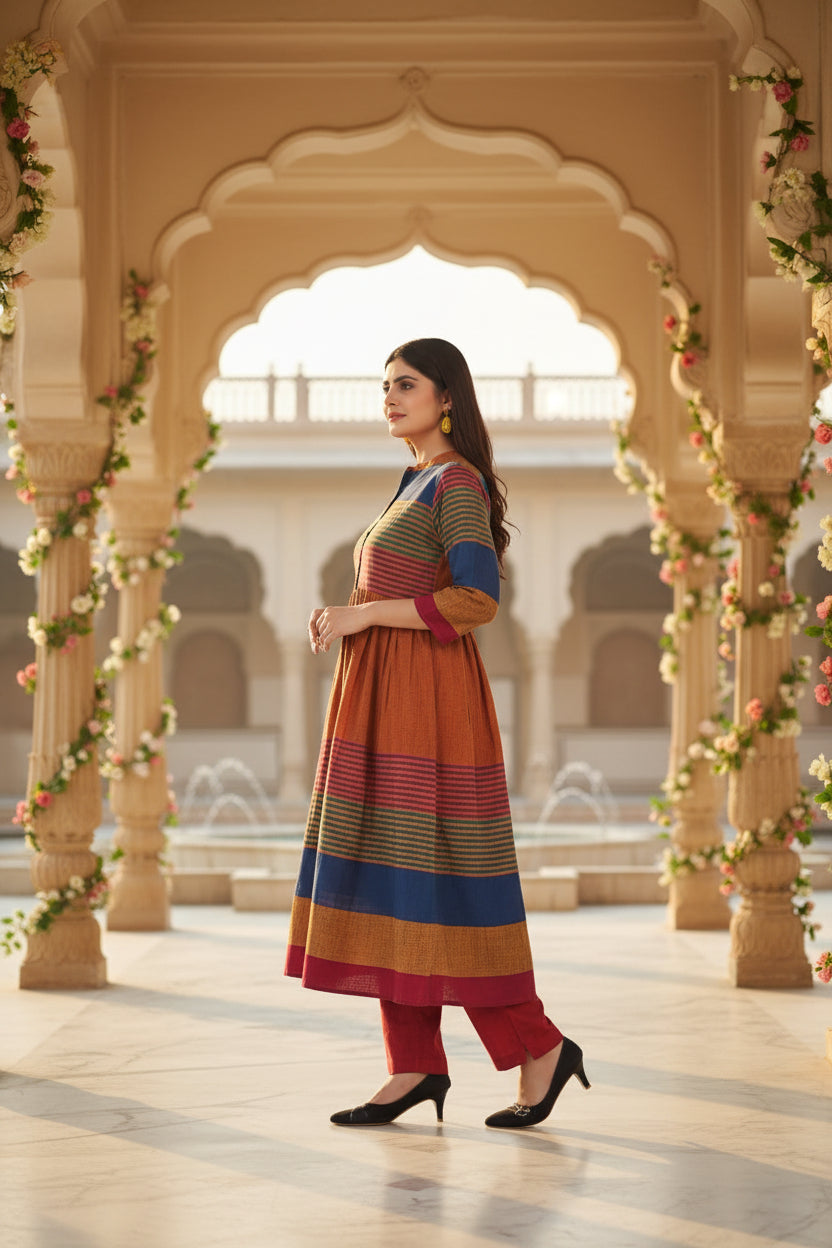 Boho-Chic Handloom Stripe Anarkali Kurti