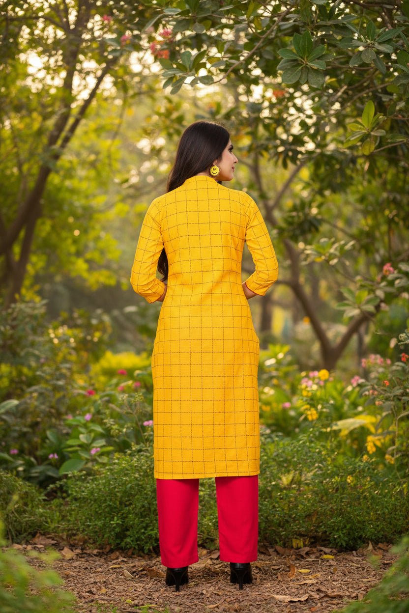 Mustard Yellow Checked Straight Kurti