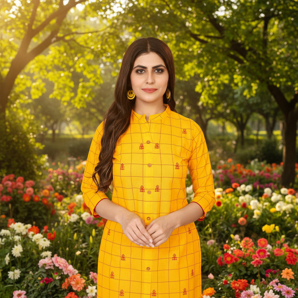 Mustard Yellow Checked Straight Kurti