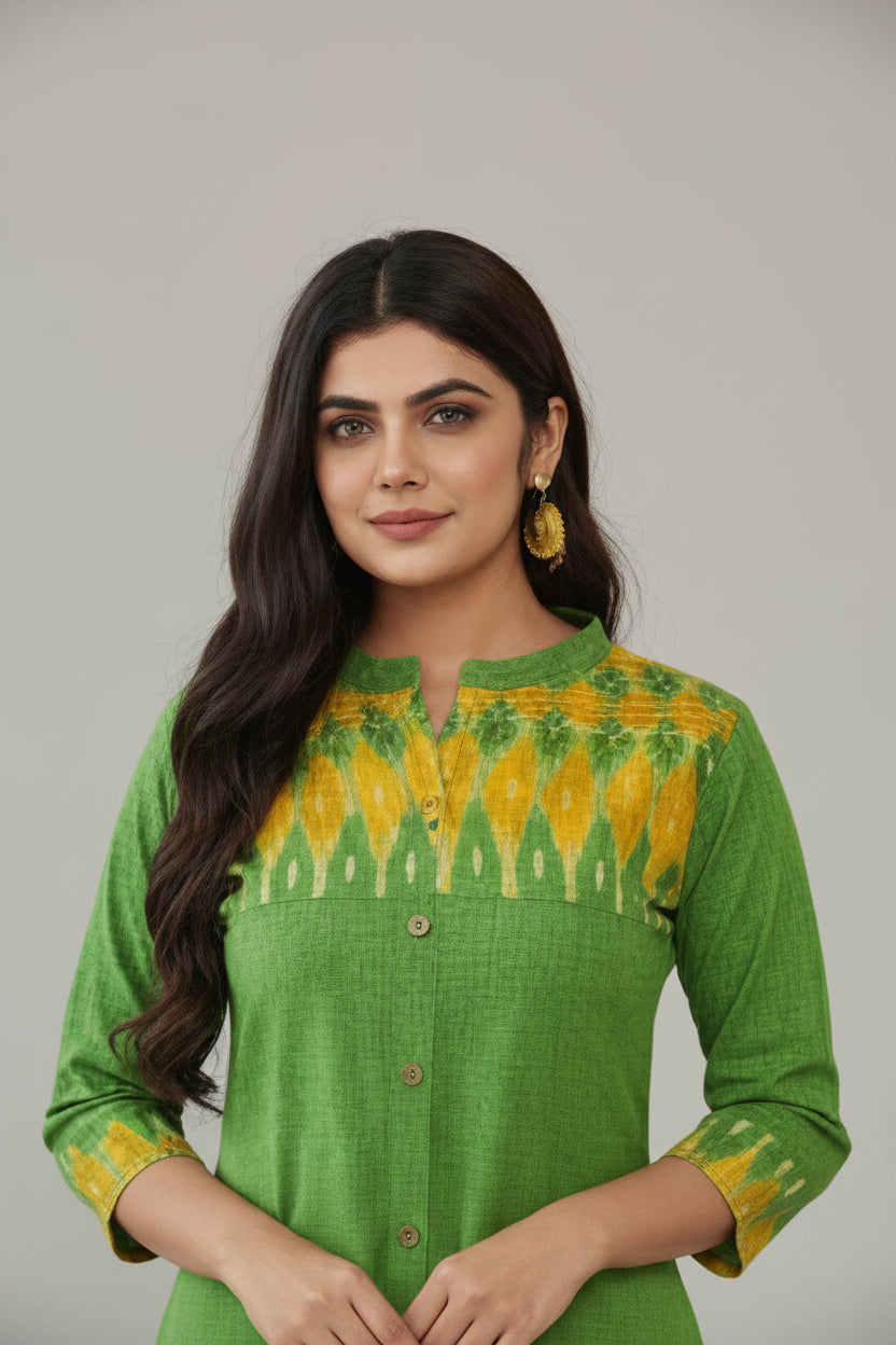 The Parrot Green Ikat-Accent Kurta