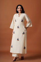 Cream Embroidered A-Line Kurti Set