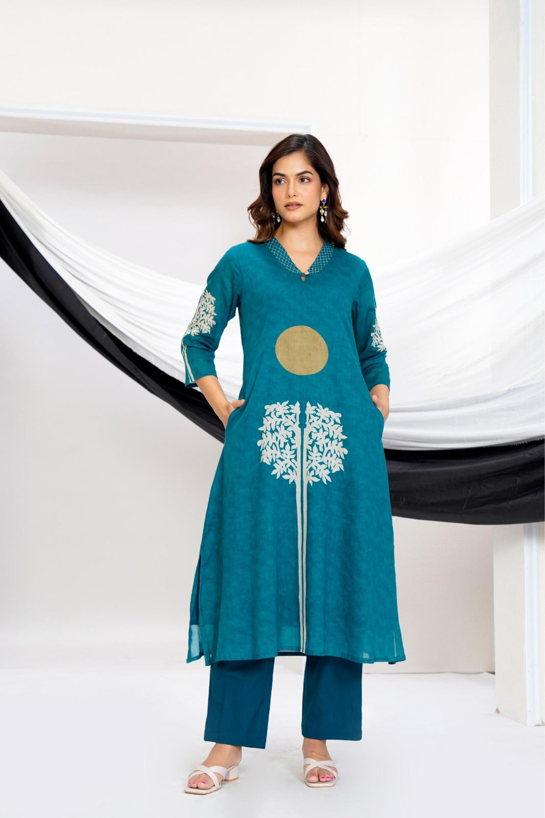 Teal Blue Printed Straight Kurti Set