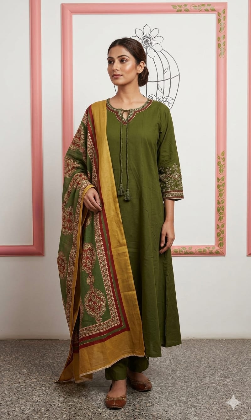 Prussian Green Slub Cotton Straight Kurta
