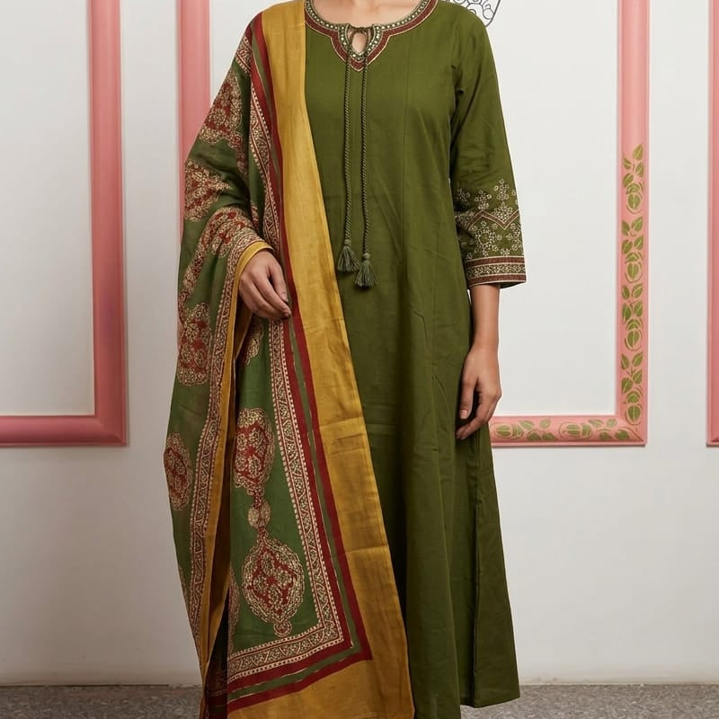 Prussian Green Slub Cotton Straight Kurta