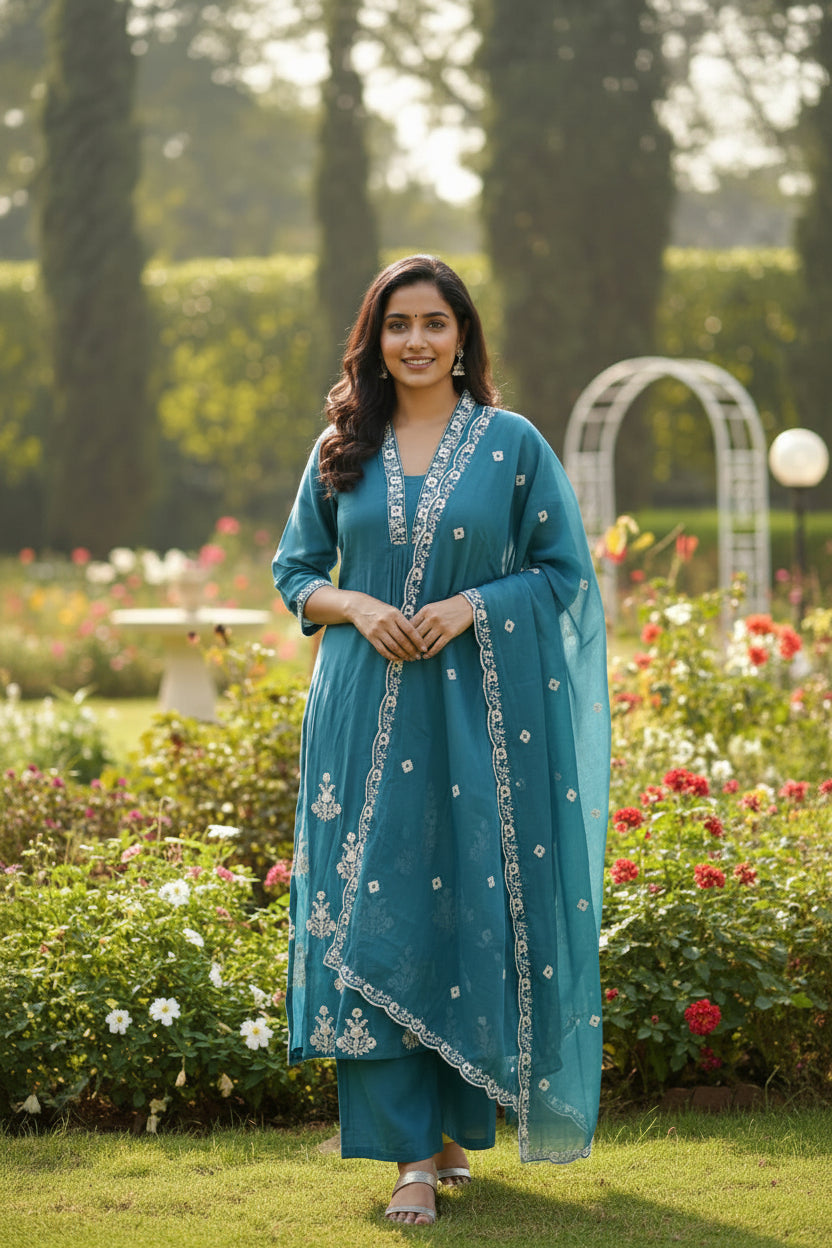 Teal Garden Embroidered Set