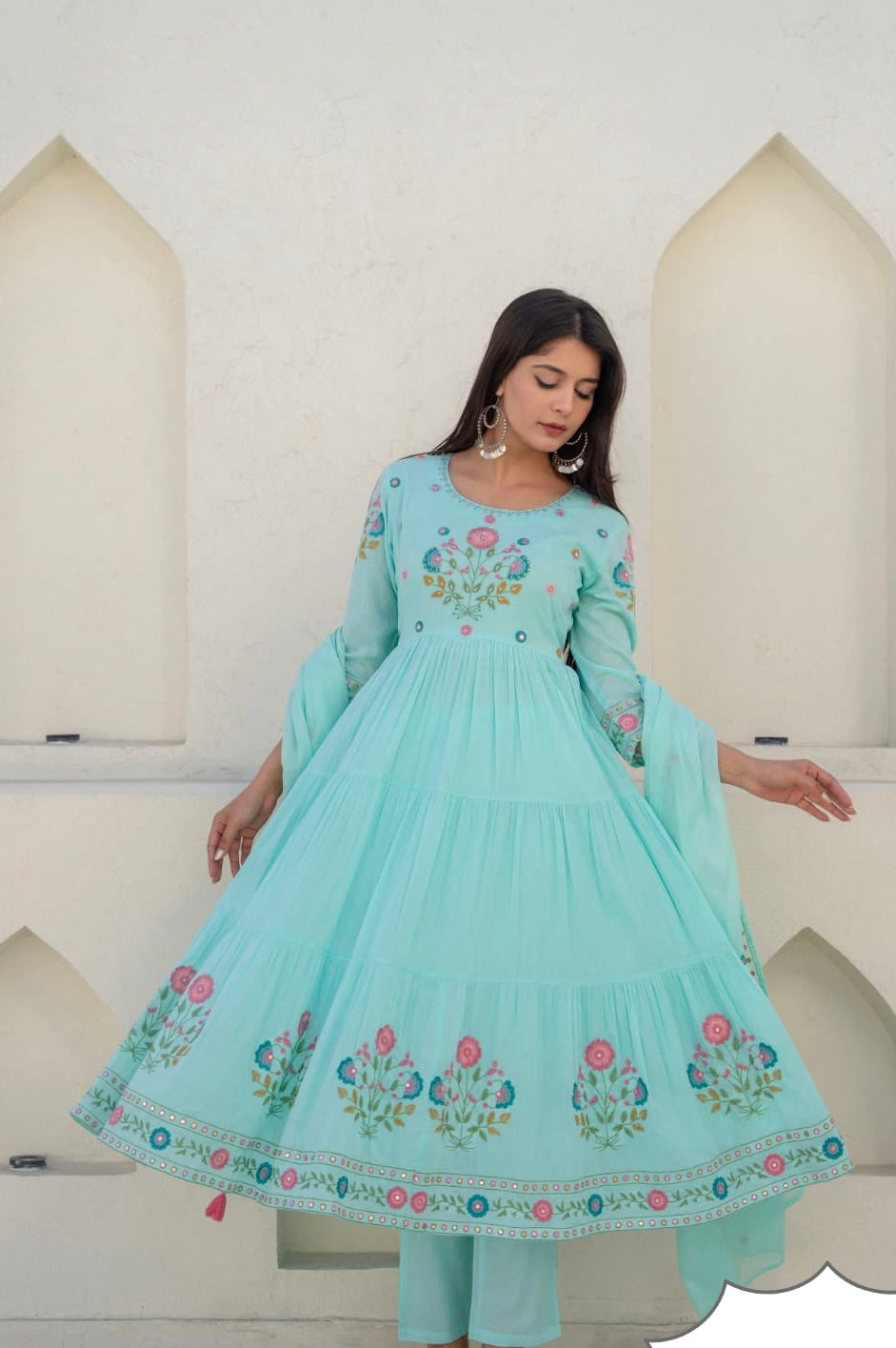 Sky Blue Floral Tiered Anarkali Set