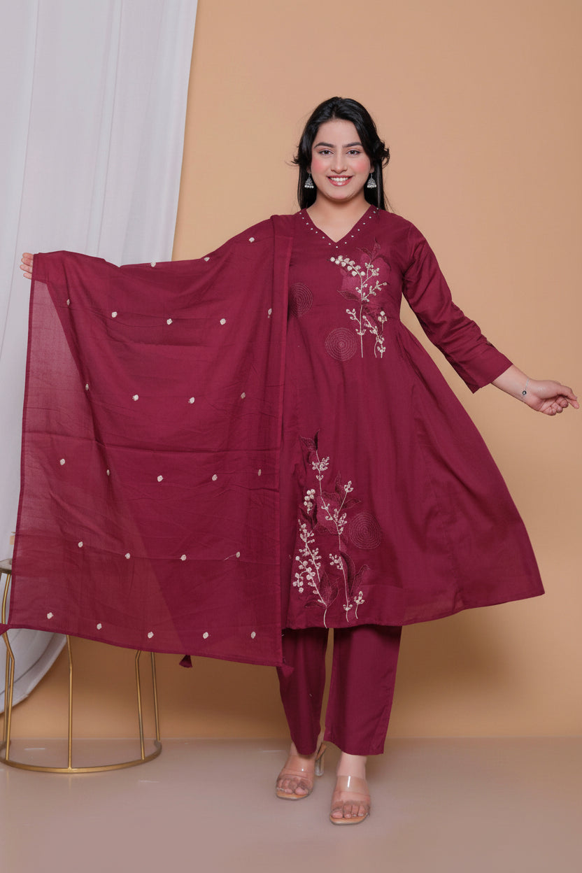 Deep Wine Embroidered Anarkali Set