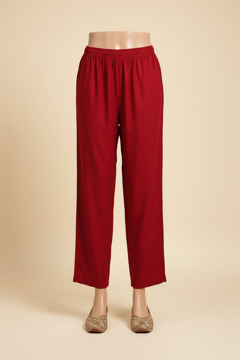 Women's Solid Maroon Straight-Fit Pants