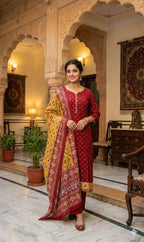 Ruby Red Heritage Anarkali with Bandhani Print Dupatta