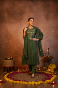 Forest Green Mull Cotton with Intricate Floral Yoke