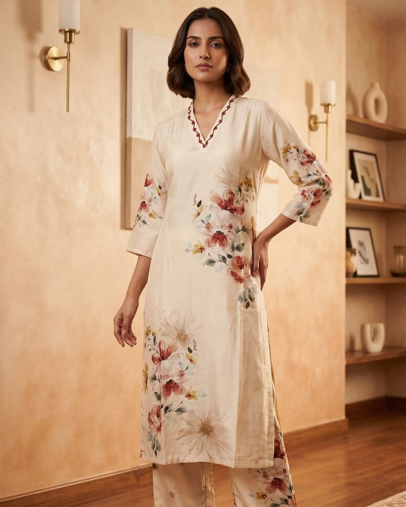 Ivory Floral Silk Co-ord Set