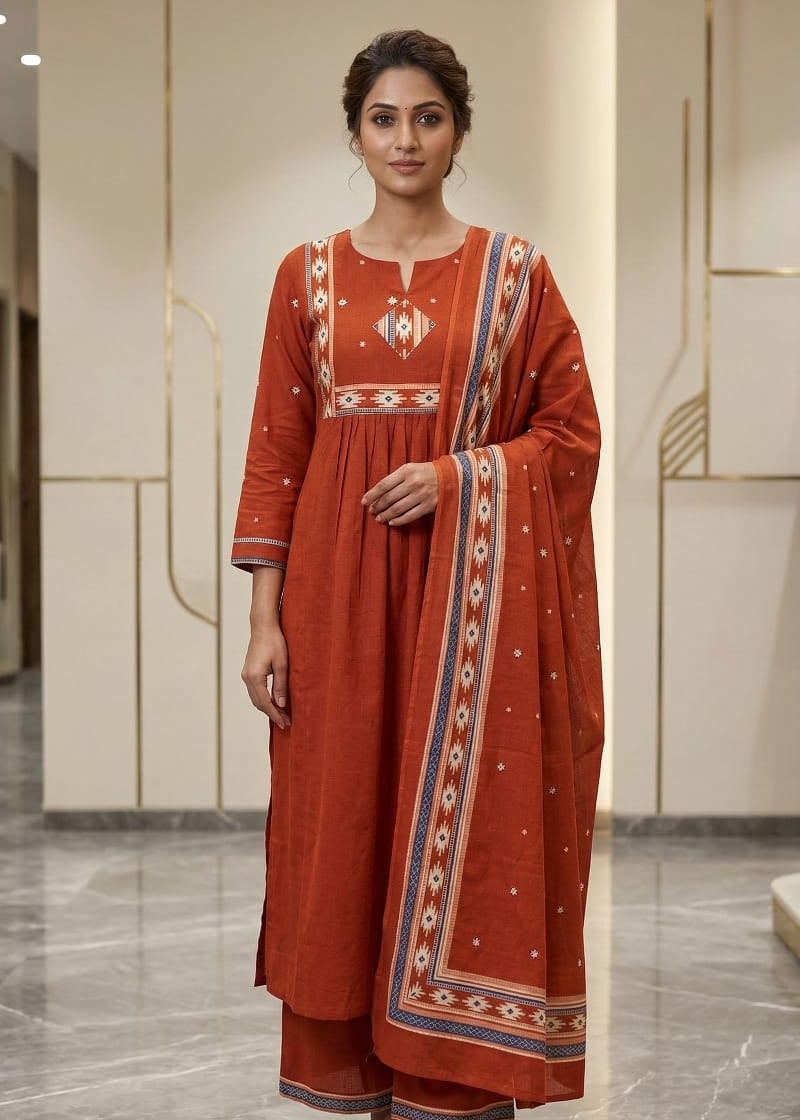 Rust Embroidered A-Line Suit Set