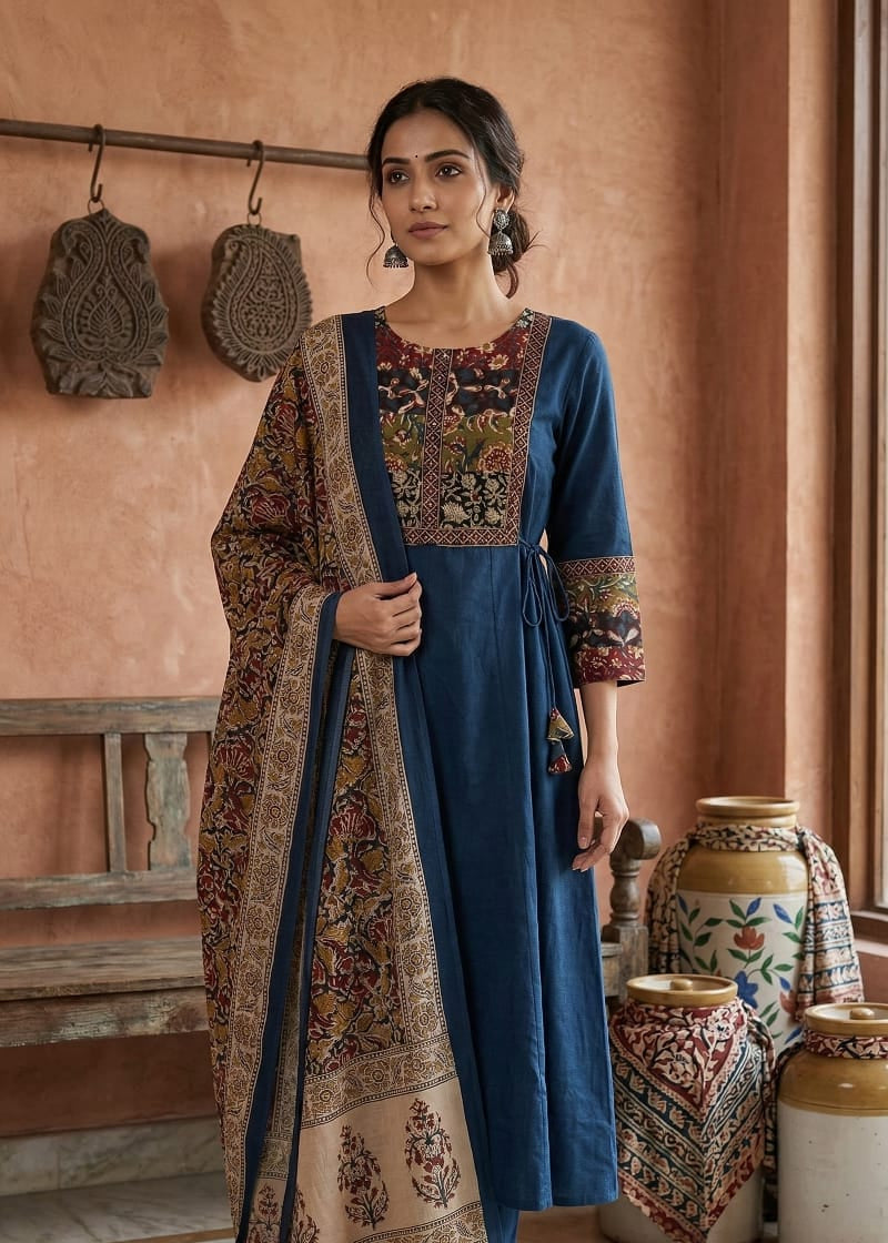 Indigo Kalamkari Accent A-Line Set