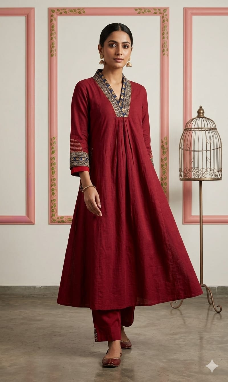 Crimson Maroon V-Neck A-Line Kurta Set