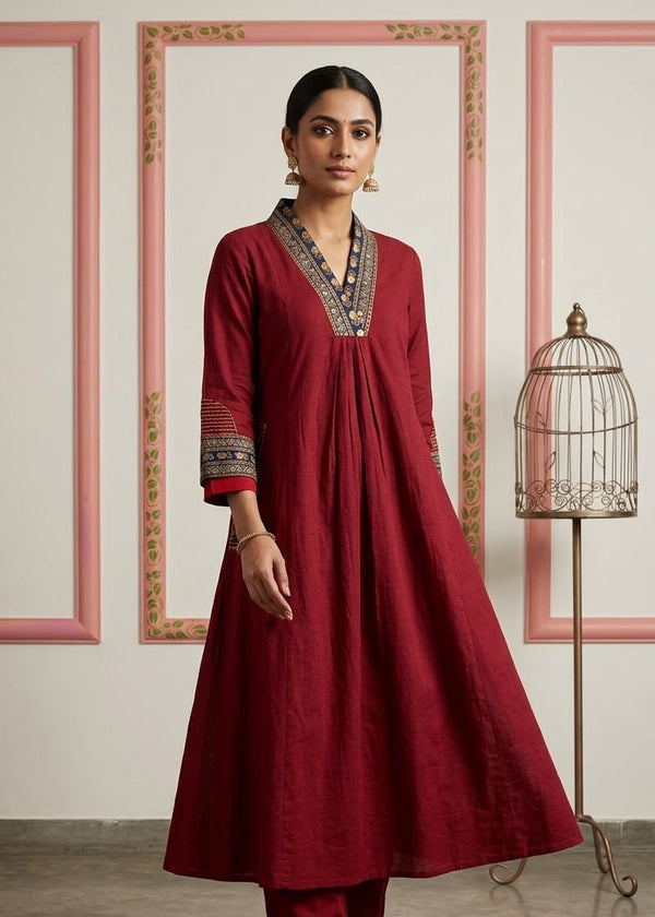 Crimson Maroon V-Neck A-Line Kurta Set
