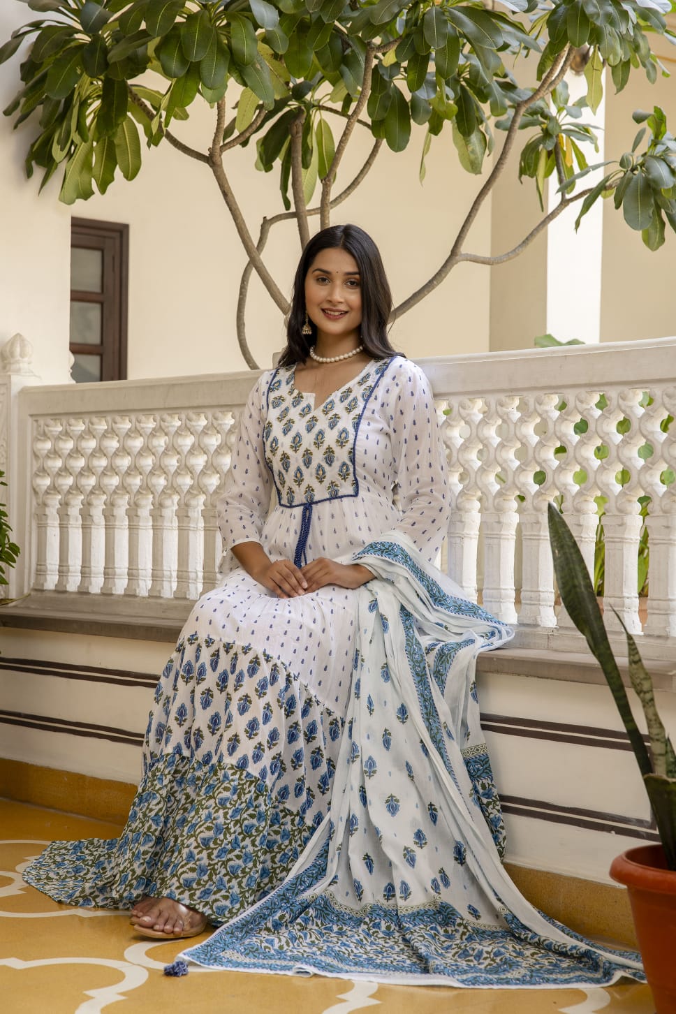 White & Indigo Blue Floral Block-Print Tiered Anarkali Kurta Set