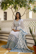 White & Indigo Blue Floral Block-Print Tiered Anarkali Kurta Set