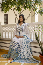 White & Indigo Blue Floral Block-Print Tiered Anarkali Kurta Set