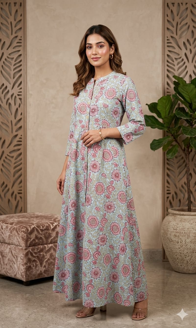 Pastel Mint Green & Pink Floral Floor-Length Anarkali Kurta