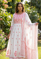 Ivory & Pink Floral Embroidered Anarkali Kurta Set