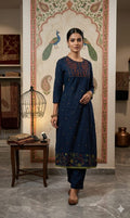 Indigo Navy Blue Embroidered Cotton-Linen Kurta Set
