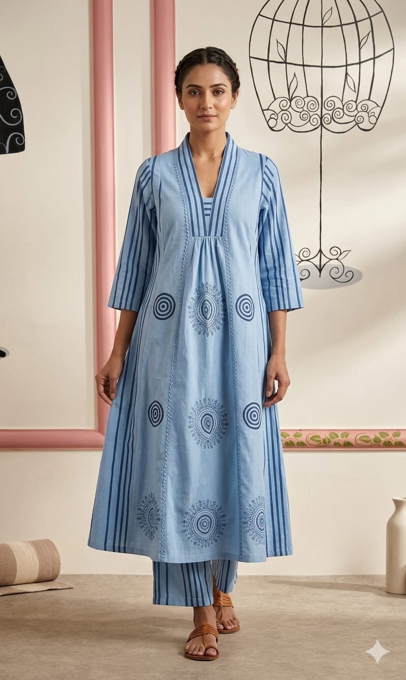 Powder Blue Geometric Mandala & Striped A-Line Kurta Set