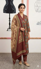 Rust Maroon Floral Kalamkari Kurta Set