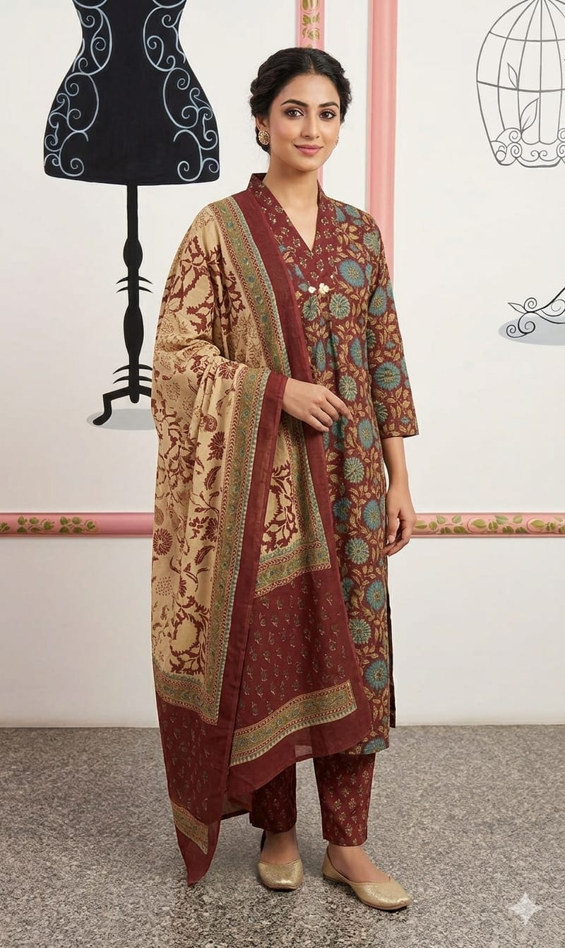 Rust Maroon Floral Kalamkari Kurta Set