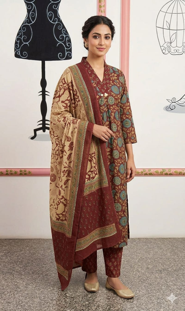 Rust Maroon Floral Kalamkari Kurta Set