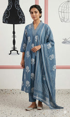 Powder Blue Floral Block-Print V-Neck Kurta Set