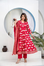 Festive Red Floral Print Anarkali Kurta Palazzo Set