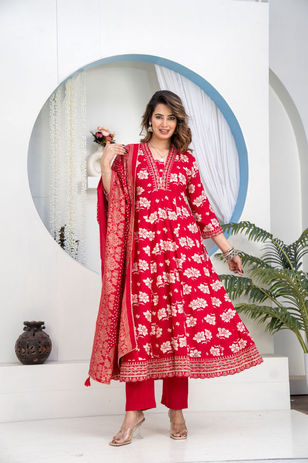 Festive Red Floral Print Anarkali Kurta Palazzo Set