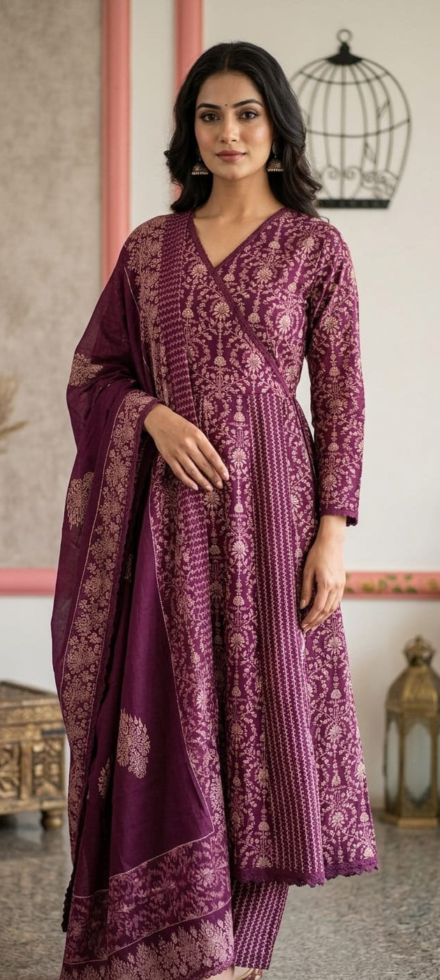 Wine Purple Angrakha-Style Flared Kurta
