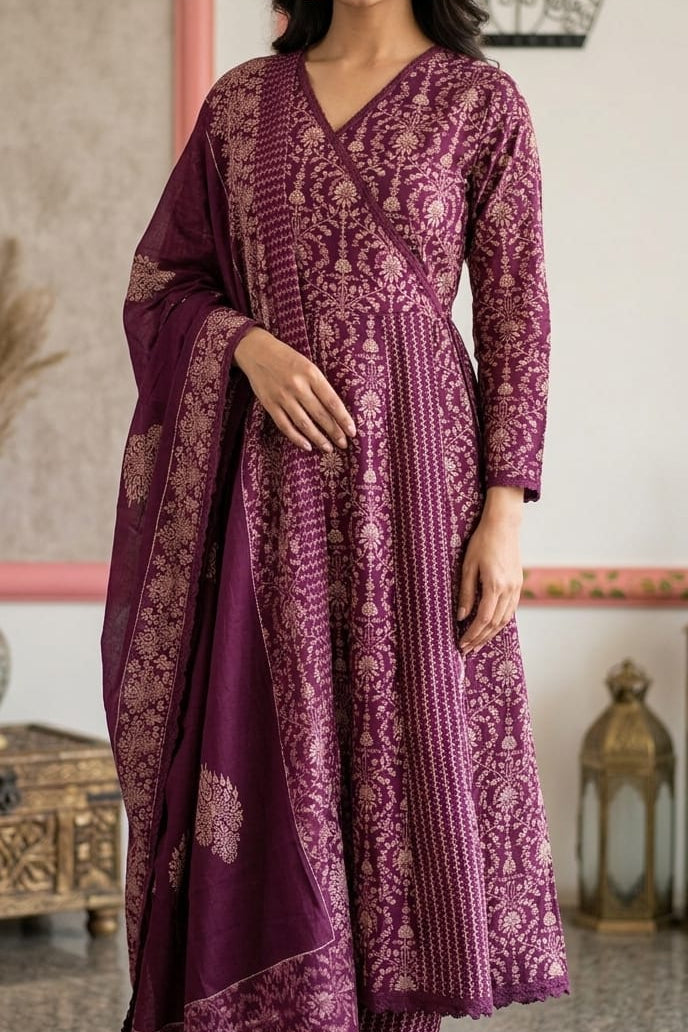 Wine Purple Angrakha-Style Flared Kurta