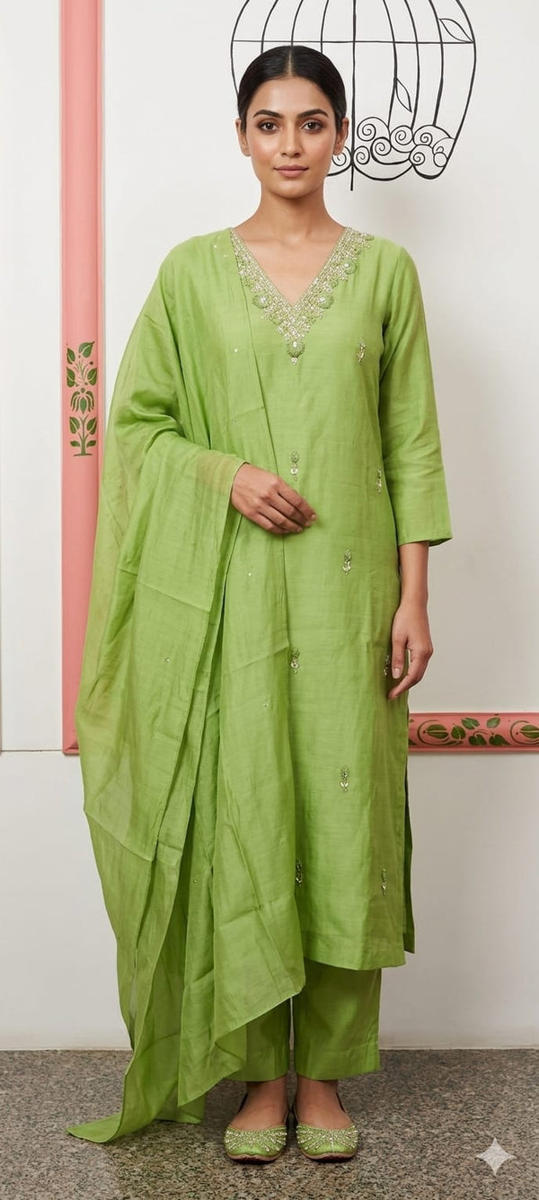 Pistachio Green Silk-Blend Straight Kurta
