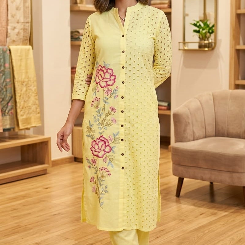 Pastel Lemon Yellow Chikankari Hakoba Straight Kurta
