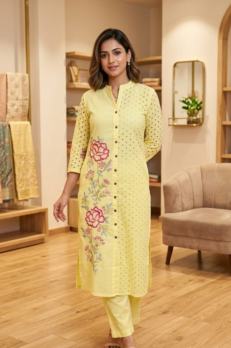 Pastel Lemon Yellow Chikankari Hakoba Straight Kurta
