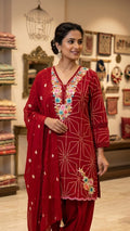 Crimson Red Bandhani-Print Straight Kurta