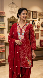 Crimson Red Bandhani-Print Straight Kurta