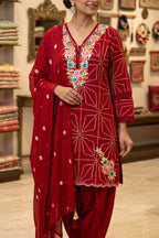 Crimson Red Bandhani-Print Straight Kurta