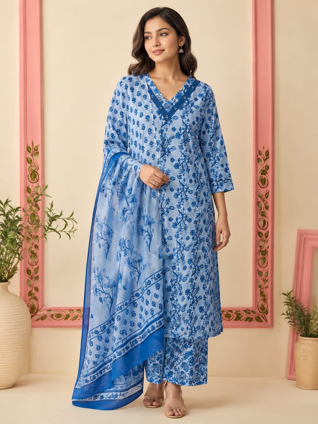 Sky Blue Floral Jaal Print Straight Kurta