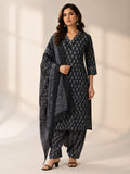 Jet Black Block-Printed Straight Kurta