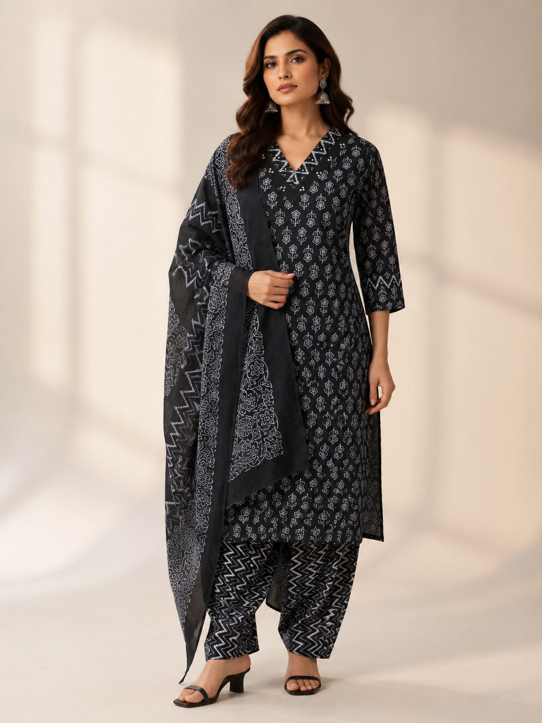 Jet Black Block-Printed Straight Kurta