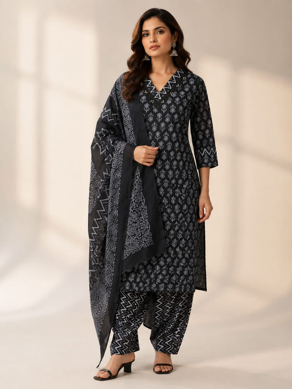Jet Black Block-Printed Straight Kurta